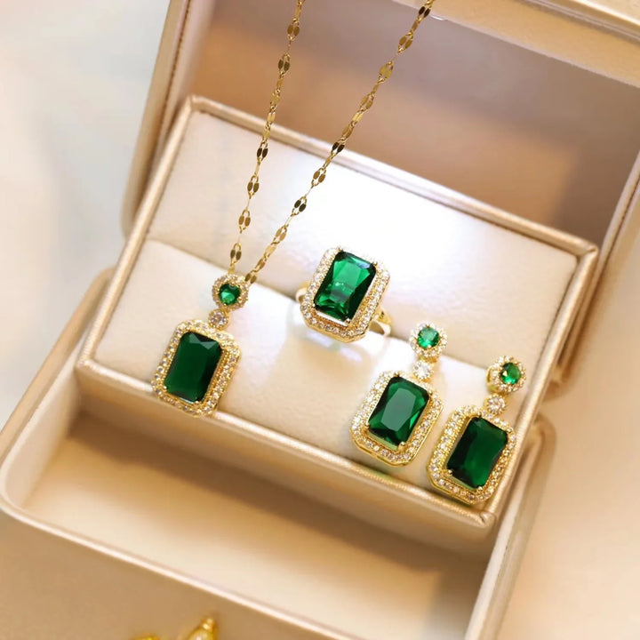 Emerald Perfume Bottle Jewelry Set – 3 Pcs